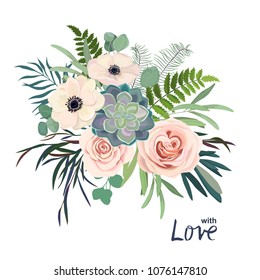 Greenery bouquet with rose, succulent , eucalyptus, fern and cactus. Perfect for wedding, frame, pattern,greeting card, invitations, lettering. Watercolor style. Vector illustration