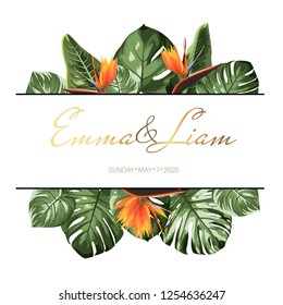 Greenery bouquet wreath template, monstera Philodendron leaves and strelitzia flowers of bird paradise in oval shape with white frame. Wedding invitation card.