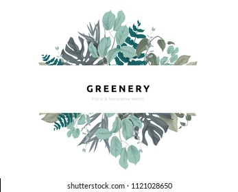 Greenery bouquet wreath template, tropical green leaves in diamond shape with white frame, pastel theme