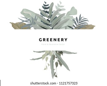 Greenery bouquet wreath template, tropical green leaves with white frame, pastel theme