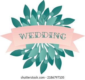 Greenery branches with banner. Wedding Invitation card, save the date, rsvp template. Vector.