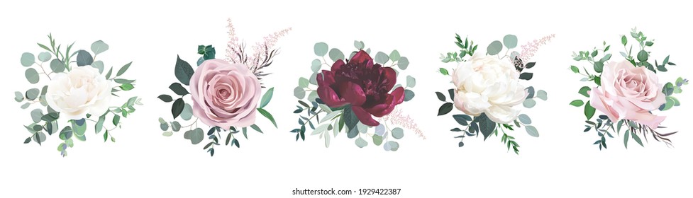 Greenery, burgundy red and white peony, blush rose flowers vector design wedding bouquets. Rustic greenery. Mint and wine red tones. Watercolor arrangement decor. Summer style. Isolated and editable