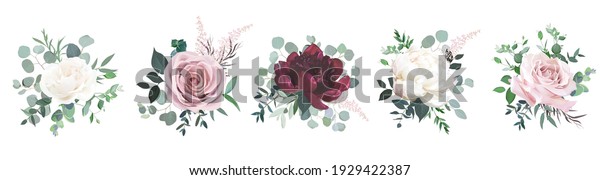 Greenery, burgundy red and white peony, blush\
rose flowers vector design wedding bouquets. Rustic greenery. Mint\
and wine red tones. Watercolor arrangement decor. Summer style.\
Isolated and\
editable