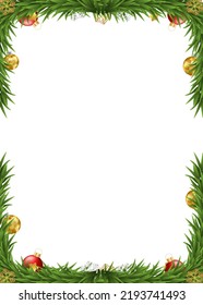 Greenery Christmas Garland. Merry Christmas border frame with fir branches, golden silver snowflakes and 3d ball isolated on white background. Vector decoration design