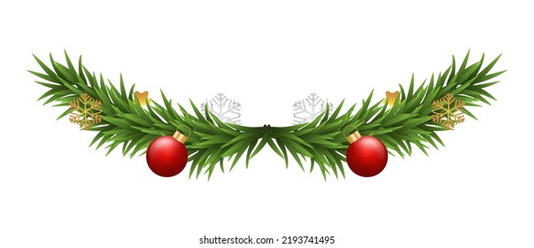 Greenery Christmas Garland. Merry Christmas wreath with fir branches, golden silver snowflakes and 3d ball isolated on white background. Vector decoration design