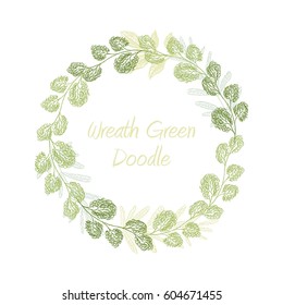 Greenery doodle leaf wreath vector isolated on white background. Floral card design. Hand drawn frame.