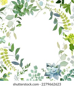 Greenery and echeveria succulent vector design round invitation frame. Rustic wedding template. Mint, blue, sage, green tones. Watercolor save the date card. Summer rustic style. Isolated and editable