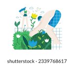 Greenery, ecology -modern flat vector concept illustration of people around the swimming pool of plants and flowers. Metaphor of environmental sustainability and protection, closeness to nature