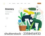 Greenery, ecology -modern flat vector concept illustration of observing people surrounded by plants. Metaphor of environmental sustainability and protection, closeness to nature