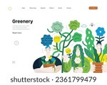 Greenery, ecology -modern flat vector concept illustration of people surrounded by plants and flowers. Metaphor of environmental sustainability and protection, closeness to nature