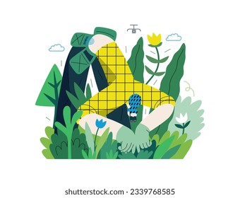 Greenery, ecology -modern flat vector concept illustration of a female gardener carrying the plants. Metaphor of environmental sustainability and protection, closeness to nature