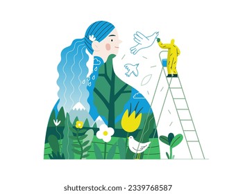 Greenery, ecology -modern flat vector concept illustration of a man painting a mural of a woman, composed with landscape. Metaphor of environmental sustainability and protection, closeness to nature