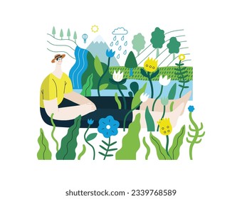 Greenery, ecology -modern flat vector concept illustration of a man sitting in the landscape with river and waterfall. Metaphor of environmental sustainability and protection, closeness to nature