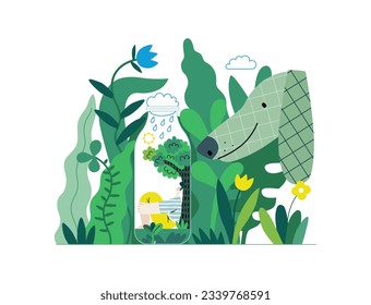 Greenery, ecology -modern flat vector concept illustration of a man in teh bottle, his ecosystem. Dog in a park. Metaphor of environmental sustainability and protection, closeness to nature