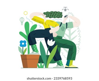 Greenery, ecology -modern flat vector concept illustration of observing people surrounded by plants. Metaphor of environmental sustainability and protection, closeness to nature