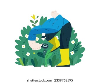 Greenery, ecology -modern flat vector concept illustration of a man in plants, looking at the bug through the lens. Metaphor of environmental sustainability and protection, closeness to nature