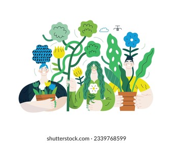 Greenery, ecology -modern flat vector concept illustration of people surrounded by plants and flowers. Metaphor of environmental sustainability and protection, closeness to nature