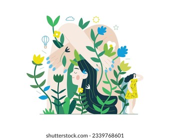 Greenery, ecology -modern flat vector concept illustration of a mural of a woman, surrounded by plants. Metaphor of environmental sustainability and protection, closeness to nature