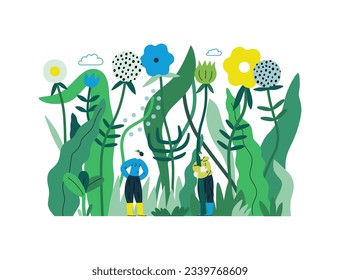 Greenery, ecology -modern flat vector concept illustration of tiny people in the grass, surrounded by plants and flowers. Metaphor of environmental sustainability and protection, closeness to nature