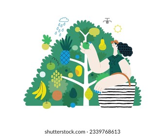 Greenery, ecology -modern flat vector concept illustration of a woman gathering fruit from the 40 fruit tree. Metaphor of environmental sustainability and protection, closeness to nature