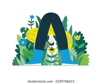 La vegetación, la ecología - moderna ilustración de un huerto macho que lleva las plantas. Metáfora de sostenibilidad y protección ambiental, cercanía a la naturaleza