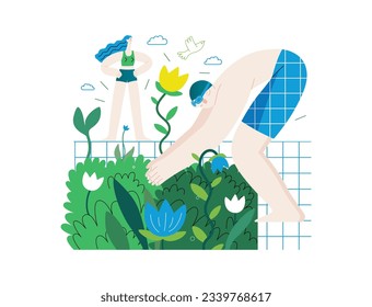 Greenery, ecology -modern flat vector concept illustration of people around the swimming pool of plants and flowers. Metaphor of environmental sustainability and protection, closeness to nature