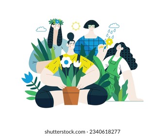 Greenery, ecology -modern flat vector concept illustration of people surrounded by plants and flowers. Metaphor of environmental sustainability and protection, closeness to nature