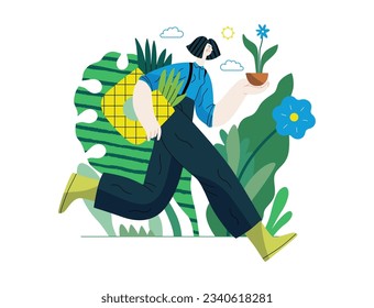 Greenery, ecology -modern flat vector concept illustration of a woman running with a eco bag and a flower in the pot. Metaphor of environmental sustainability and protection, closeness to nature