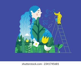 La vegetación, la ecología - moderna ilustración de un hombre pintando un mural de una mujer, compuesto de paisajes. Metáfora de sostenibilidad y protección ambiental, cercanía a la naturaleza