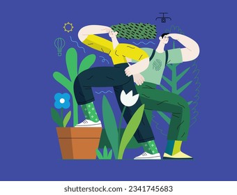 Greenery, ecology -modern flat vector concept illustration of observing people surrounded by plants. Metaphor of environmental sustainability and protection, closeness to nature