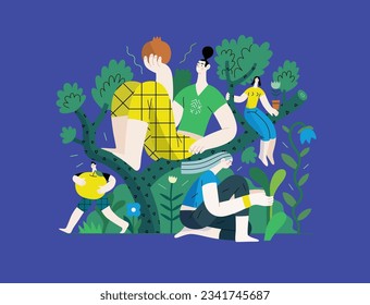 Greenery, ecology -modern flat vector concept illustration of people on a tree, surrounded by plants. Metaphor of environmental sustainability and protection, closeness to nature