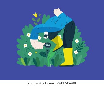 Greenery, ecology -modern flat vector concept illustration of a man in plants, looking at the bug through the lens. Metaphor of environmental sustainability and protection, closeness to nature