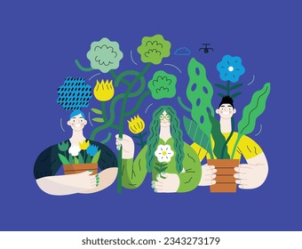 Greenery, ecology -modern flat vector concept illustration of people surrounded by plants and flowers. Metaphor of environmental sustainability and protection, closeness to nature