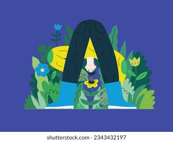 La vegetación, la ecología - moderna ilustración de un huerto macho que lleva las plantas. Metáfora de sostenibilidad y protección ambiental, cercanía a la naturaleza