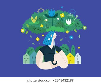 Greenery, ecology -modern flat vector concept illustration of a woman under the green lush umbrella of plants and flowers. Metaphor of environmental sustainability and protection, closeness to nature