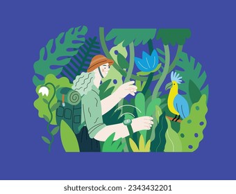Greenery, ecology -modern flat vector concept illustration of a woman exploring the jungle and a wild bird in a tree. Metaphor of environmental sustainability and protection, closeness to nature