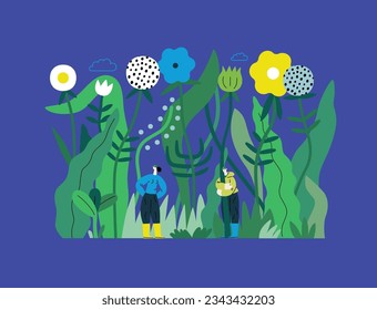 Greenery, ecology -modern flat vector concept illustration of tiny people in the grass, surrounded by plants and flowers. Metaphor of environmental sustainability and protection, closeness to nature