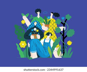 Greenery, ecology -modern flat vector concept illustration of people surrounded by plants and flowers. Metaphor of environmental sustainability and protection, closeness to nature