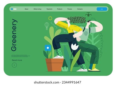 Greenery, ecology -modern flat vector concept illustration of observing people surrounded by plants. Metaphor of environmental sustainability and protection, closeness to nature