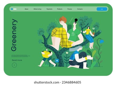 Greenery, ecology -modern flat vector concept illustration of people on a tree, surrounded by plants. Metaphor of environmental sustainability and protection, closeness to nature