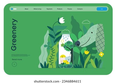 Greenery, ecology -modern flat vector concept illustration of a man in teh bottle, his ecosystem. Dog in a park. Metaphor of environmental sustainability and protection, closeness to nature