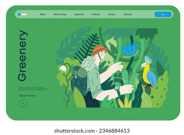 Greenery, ecology -modern flat vector concept illustration of a woman exploring the jungle and a wild bird in a tree. Metaphor of environmental sustainability and protection, closeness to nature