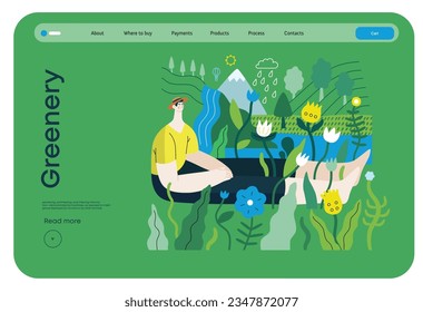 Greenery, ecology -modern flat vector concept illustration of a man sitting in the landscape with river and waterfall. Metaphor of environmental sustainability and protection, closeness to nature