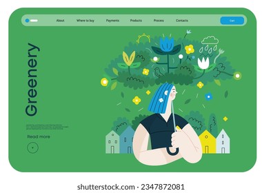 Greenery, ecology -modern flat vector concept illustration of a woman under the green lush umbrella of plants and flowers. Metaphor of environmental sustainability and protection, closeness to nature