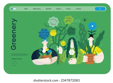Greenery, ecology -modern flat vector concept illustration of people surrounded by plants and flowers. Metaphor of environmental sustainability and protection, closeness to nature