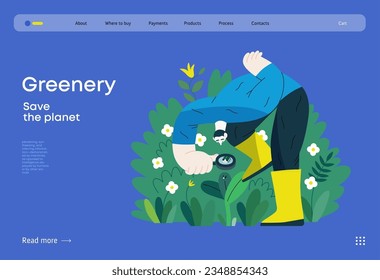 Greenery, ecology -modern flat vector concept illustration of a man in plants, looking at the bug through the lens. Metaphor of environmental sustainability and protection, closeness to nature