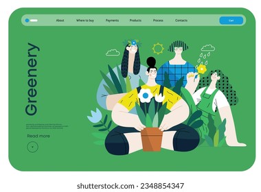 Greenery, ecology -modern flat vector concept illustration of people surrounded by plants and flowers. Metaphor of environmental sustainability and protection, closeness to nature