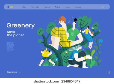 Greenery, ecology -modern flat vector concept illustration of people on a tree, surrounded by plants. Metaphor of environmental sustainability and protection, closeness to nature