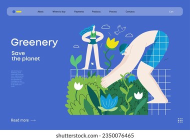 Greenery, ecology -modern flat vector concept illustration of people around the swimming pool of plants and flowers. Metaphor of environmental sustainability and protection, closeness to nature