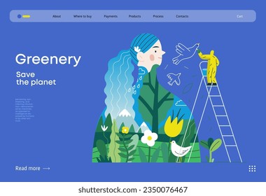 Greenery, ecology -modern flat vector concept illustration of a man painting a mural of a woman, composed with landscape. Metaphor of environmental sustainability and protection, closeness to nature